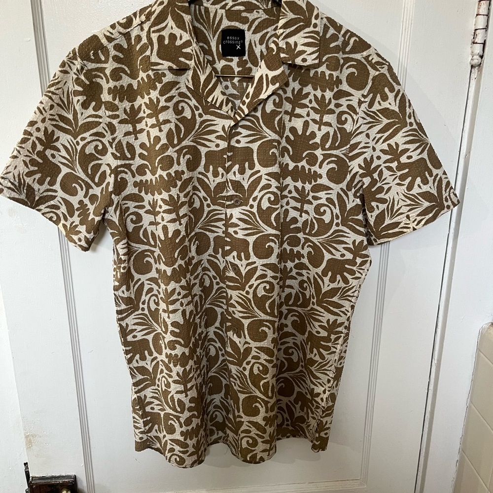 Green and Cream Button Down Shirt with Botanical Print